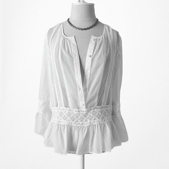 Candela White Sheer Lace Button Down Bell Sleeve Peplum Blouse Top Size XS - Picture 3 of 8